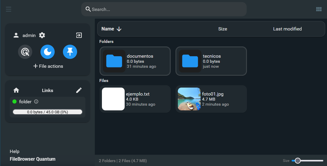 Vista de carpetas en FileBrowser