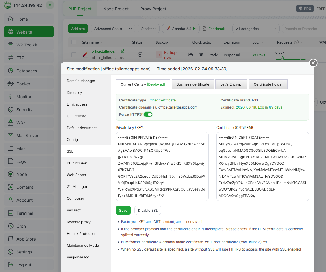 Certificados actuales en aaPanel
