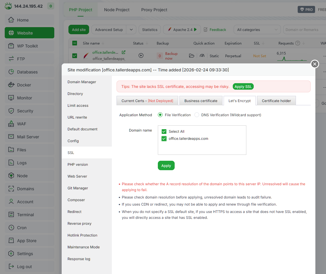 Configuración SSL en aaPanel